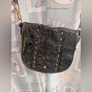 Worn & Damaged Leather Purse Black Floral Embossed Studded Crossbody Purse